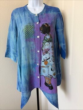 Citron Silk Button Down Tunic with Purple Accents